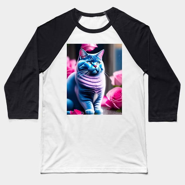 British Shorthair Poses with Pink Roses Baseball T-Shirt by Enchanted Reverie